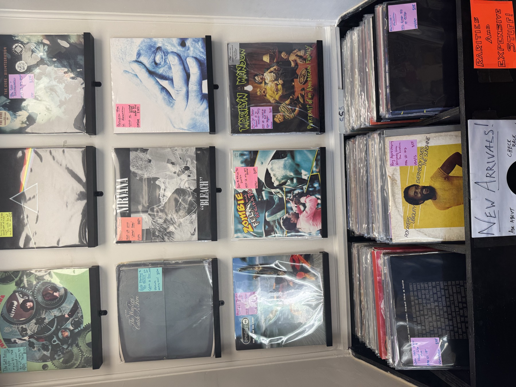 New arrivals and rarities on the wall, including Dark Side of the Moon, Bleach, and Catch a Fire