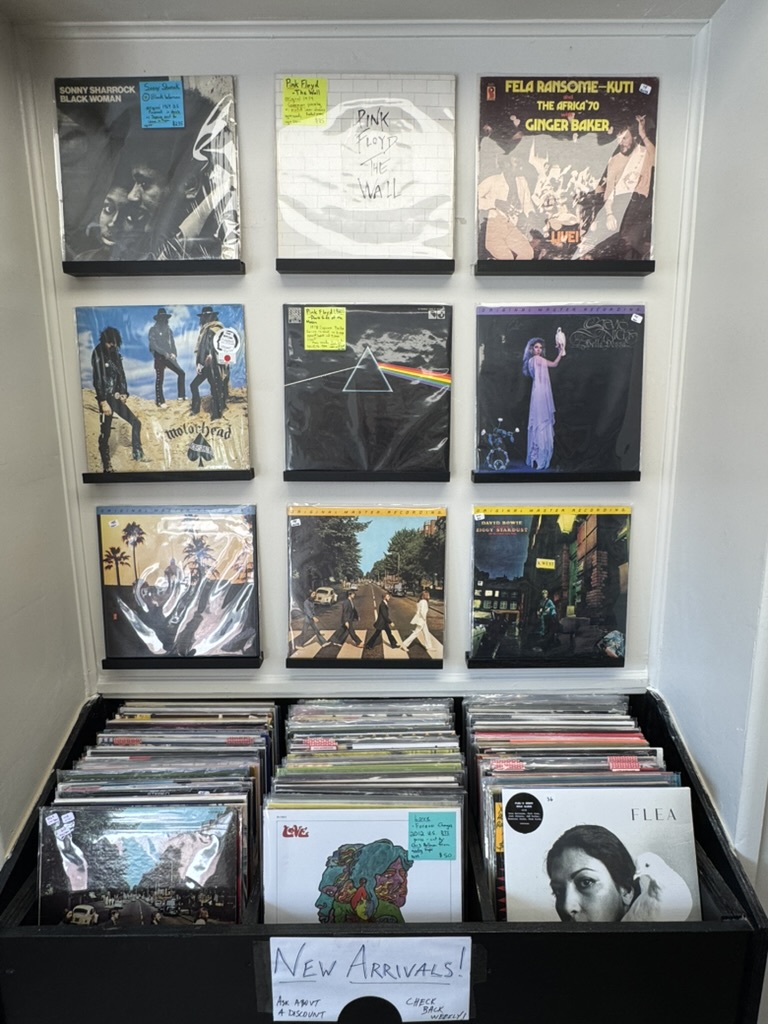 New arrivals bin and wall display of vinyl records