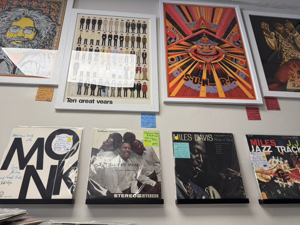 Concert posters and original jazz pressings on display